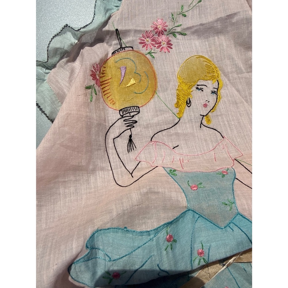 Vintage 1920s Art Deco Tea Apron Hand Painted Flapper Girl Chinoiserie Pink Blue
